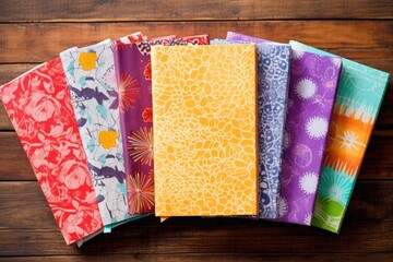 neatly arranged colorful notebook covers on a table