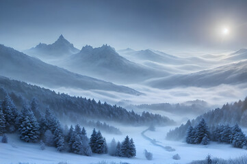 Atmospheric winter landscape, river and mountains, cold atmosphere of mountains and forests, Generative AI