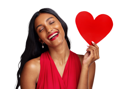 Smile, heart and woman with card on valentines day isolated on png transparent background for love and laughing. Red lips, emoji and happy young female holding a shape or symbol for care or kindness
