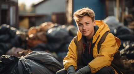 A teenager volunteering for a community service project, dressed in socially conscious clothing. Social responsibility concept.