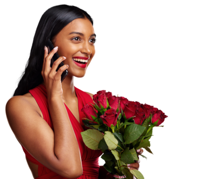 Happy woman, phone call and thank you for bouquet of roses isolated on a transparent PNG background. Indian female person speaking on mobile smartphone with flowers in romance, love or valentines day