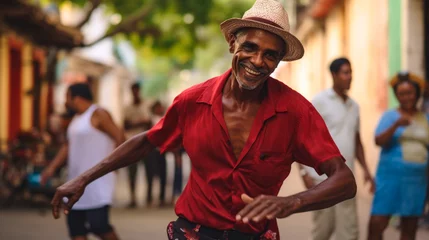 Foto op Plexiglas Cuban old man feeling the rhythm of the music in a Cuban street © Paula