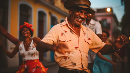 Old happy Cuban enjoys music and salsa dance with family in the city