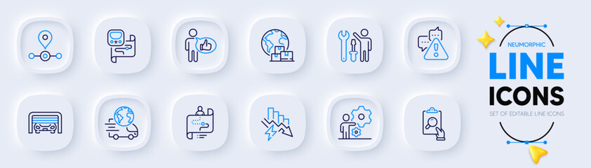 Warning, Repairman and Metro map line icons for web app. Pack of Saving electricity, Journey path, Parking garage pictogram icons. Delivery service, Station, International delivery signs. Vector