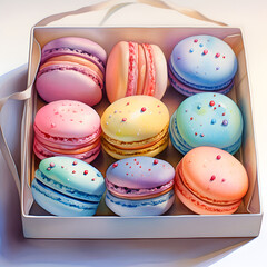 Obraz premium Various flavors of macarons watercolor in a box.
