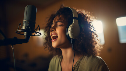 Singer Young  Adult Recording vocals in Recording studio - obrazy, fototapety, plakaty
