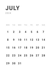 Monthly page Calendar Planner Templates of July 2024. Vector layout of simple calendar with week start Monday for print. Page for size A4 or 21x29.7 cm