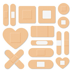First Aid Band Plaster Strip. Medical Patch Icon Set. Different Plasters Types. Bandage elastic medical plasters vector set. Illustration of medical plaster.