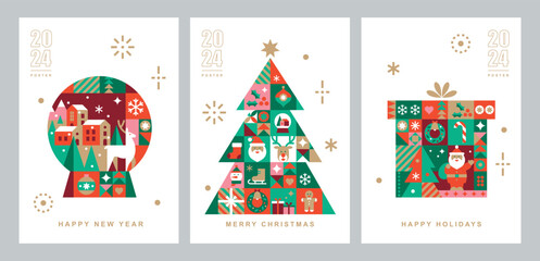 Set of poster templates with Christmas and New Year icons in abstract modern geometric flat bauhaus style. Winter holidays. Seasons greetings. Vector illustration for card, packaging and web banner.