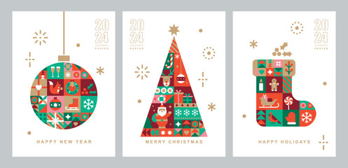 Fototapeta na wymiar Set of poster templates with Christmas and New Year icons in abstract modern geometric flat bauhaus style. Winter holidays. Seasons greetings. Vector illustration for card, packaging and web banner.