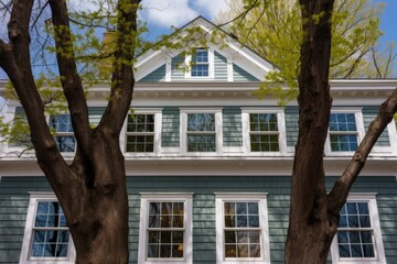 tree reflection on the dormer windows of a colonial revival house