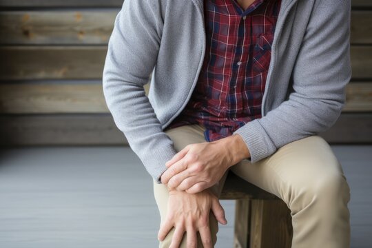 Joint pain, Arthritis and tendon problems. a man touching nee at pain point. AI Generated