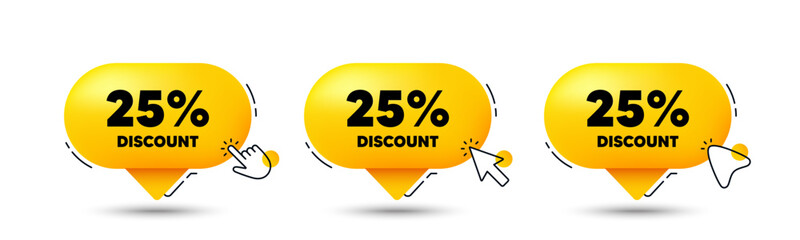 25 percent discount. Click here buttons. Sale offer price sign. Special offer symbol. Discount speech bubble chat message. Talk box infographics. Vector