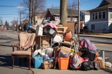 piles of household items on the sidewalk waiting for pickup - obrazy, fototapety, plakaty