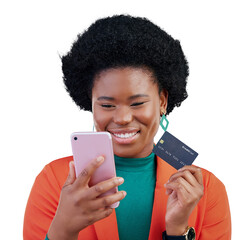 Isolated black woman, phone and credit card for online shopping by transparent png background....
