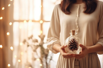 Woman holding a pine cone in a glass bottle with lights