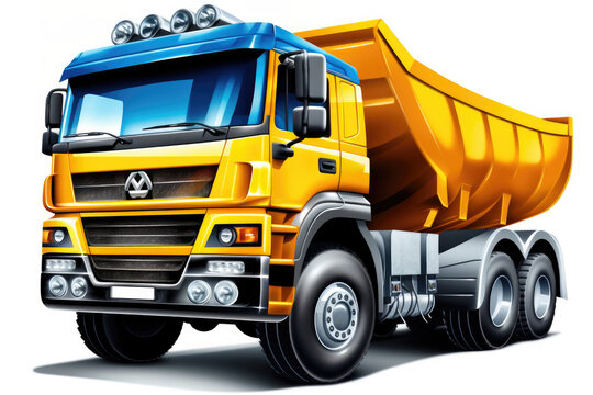 Yellow and blue cartoon dump truck on white background