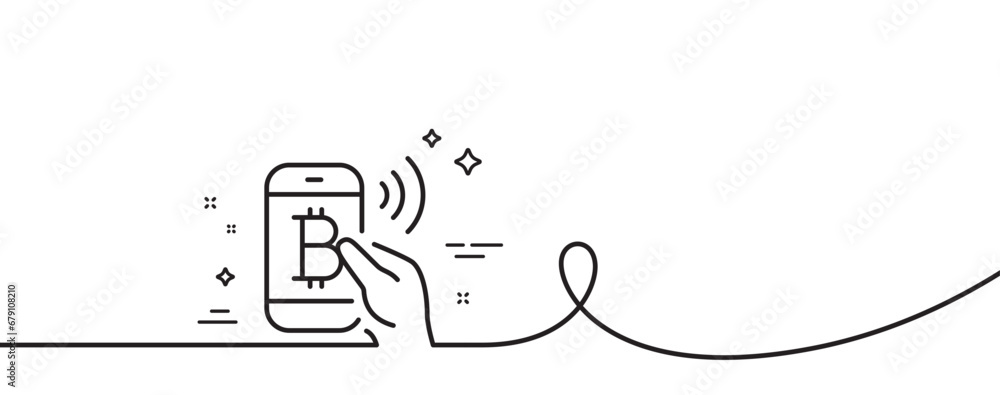 Poster bitcoin mobile pay line icon. continuous one line with curl. cryptocurrency sign. crypto money symbo
