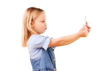 Smartphone, selfie or profile of girl, child and photography isolated on a transparent background. Person, model and kid with a cellphone, memory and social media with png, pout or happiness with app