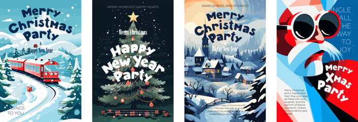 Merry Christmas and Happy New Year poster. Joyful holiday Xmas eve celebration vector flyer. Polar express bring gifts to winter town. Decorated Christmas tree and Santa Claus invite to celebrate. Eps