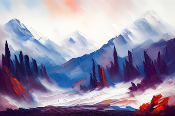 Contemporary Digital Oil Painting of Mountain Landscape in Vibrant Colors