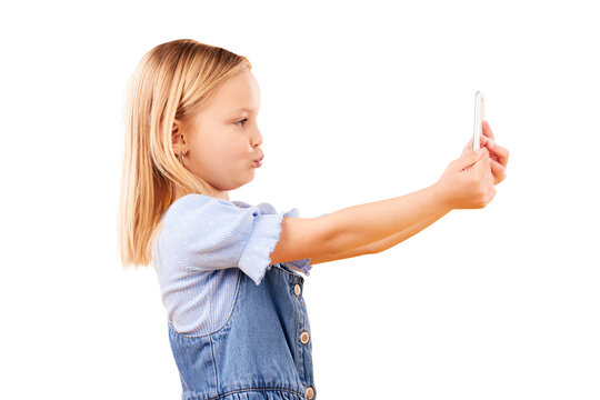 Smartphone, selfie or profile of girl, child and photography isolated on a transparent background. Person, model and kid with a cellphone, memory and social media with png, pout or happiness with app