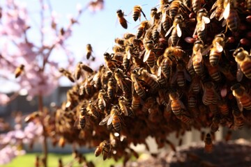 swarm of honeybees moving together to a new hive location