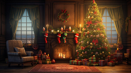 christmas tree decoration in the living room with fireplace