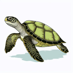 Sea Turtle cartoon natural colors, black outline ,on white background