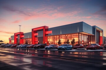 car dealership exterior blended with rows of new cars