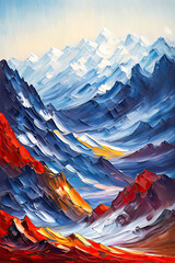 Contemporary Digital Oil Painting of Mountain Landscape in Vibrant Colors
