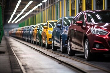 a line of freshly painted cars ready for quality check in a factory - obrazy, fototapety, plakaty