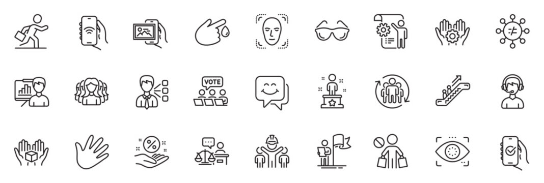 Icons pack as Leadership, Engineering team and Teamwork line icons for app include Online voting, Presentation board, Blood donation outline thin icon web set. Settings blueprint. Vector