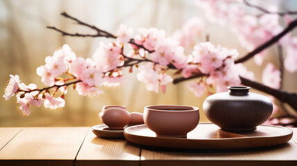 Obraz na płótnie Canvas Tea ceremony, traditional teapot and ceramic cups on wooden tray on light background with sakura blossoms. Generative AI