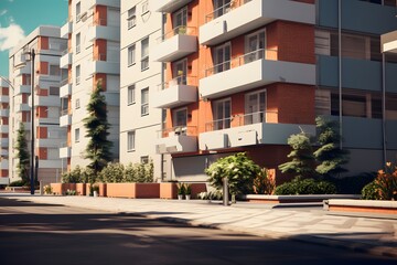 view of an urban cityscape residential modern house apartment buildings from sidewalk on streets