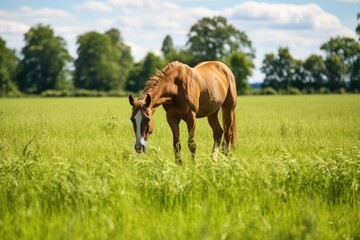 Fototapeta premium horse grazing in an grassy open field