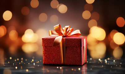 Green Christmas gift box with ribbon and bow bokeh background