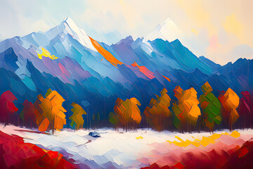 Contemporary Digital Oil Painting of Mountain Landscape in Vibrant Colors