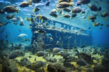 underwater view of artificial reef teeming with fish
