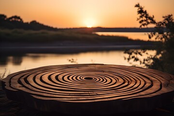 Fototapeta na wymiar Abendidylle am Wasser: Holzteller mit Getränk im Sonnenuntergang