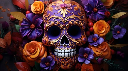 Floral Calavera: Colorful Skull Surrounded by Vibrant Flowers