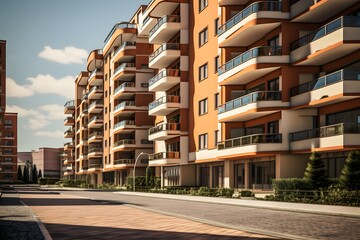 view of an urban cityscape residential modern house apartment buildings from sidewalk on streets