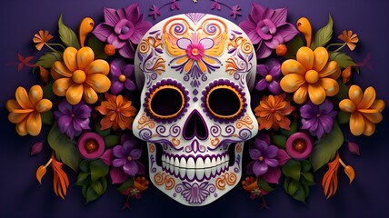 Bunte Totenköpfe: Mexikanische Tradition mit farbenfrohen Blumenakzenten