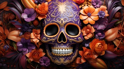 Mexikanische Farbenpracht: Totenschädel umgeben von lebendigen Blumen