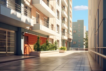 view of an urban cityscape residential modern house apartment buildings from sidewalk on streets