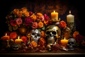 Foto op Canvas Farbenfrohe Totenschädel: Mexikanische Tradition des Tags der Toten mit Blumen © Max
