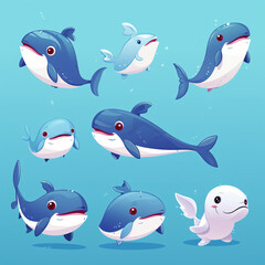 Cute whale animals character set on blue background