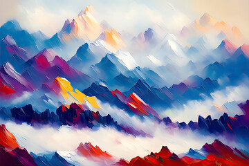 Contemporary Digital Oil Painting of Mountain Landscape in Vibrant Colors