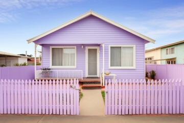 a single-story pastel violet beachside cottage with a picket fence
