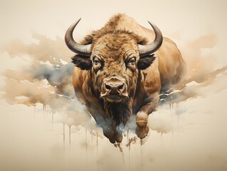Low-Angle Beauty: Airborne Bison in Watercolor Style